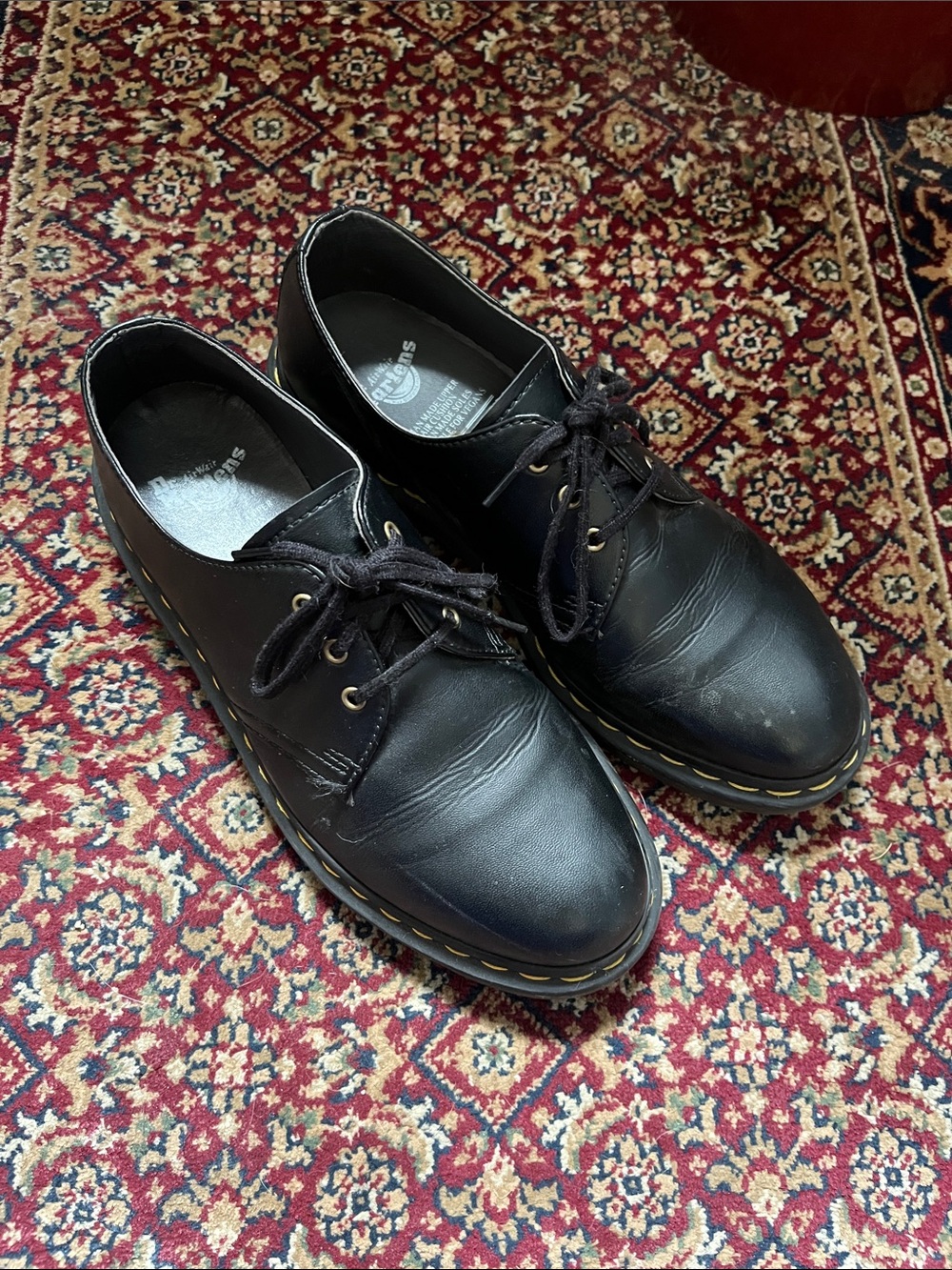 Dr. Martens Black Leather 3-Eye Derby Shoes with Yellow Welt Stitch